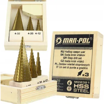 Vrták STUPŇOVITÉ VRTÁKY KUŽELOVÉ HSS 4-32mm SADA 3KS