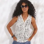 Blancheporte Top s výstřihem do V lemovaným macramé a s potiskem režná/černá 54