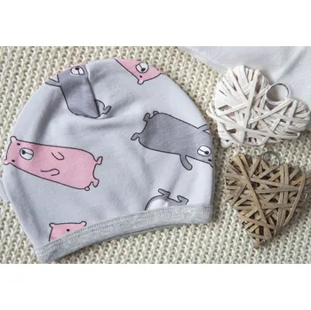 Kojenecká čepice AMÁLKA Elastická čepička saporka s medvídky, šedá/růžová Velikost: 62-68