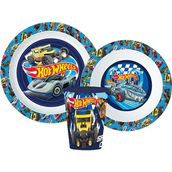 Jídelní set Storline Dětský plastový jídelní set HOT WHEELS modrý s kelímkem 260 ml