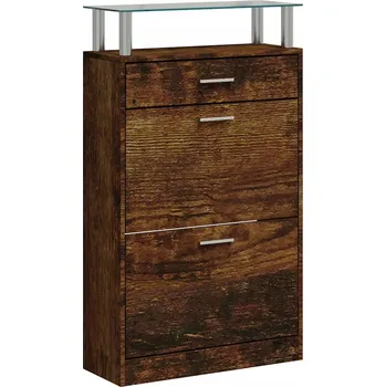 Botník se skleněnou deskou, kouřový dub, 63x24x104 cm