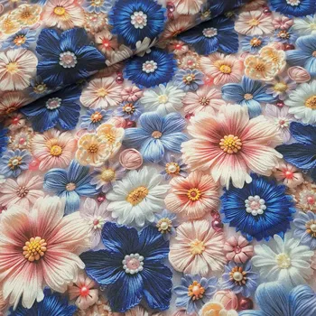 Pro útulný domov bavlněná látka 3D tisk MODRÉ KYTIČKY