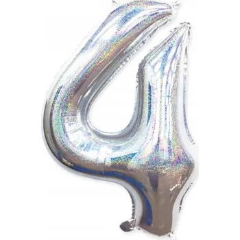Balónek Fóliový balónek ČÍSLICE 4 Stříbrný s třpytkami Velký 100 cm na hélium Narozeniny