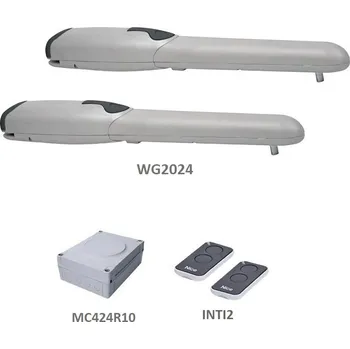 Pohon brány WINGOKit 2024 sada pohonů Nice, křídlo do 2 m - sestava s pohony křídlové brány do průjezdu 4 m - 2 x pohon 24V Wingo WG2024, řídicí jednotka s vestavěným přijímačem, 2 x vysílač