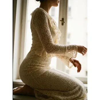 Dámské šaty Sinsay - Krajkované maxi šaty s volány - krémová - 195GY-01X - 195GY-01X-M