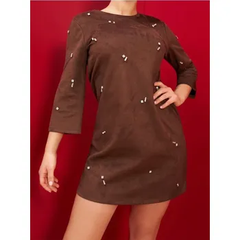 Dámské oblečení Sinsay - Mini šaty z imitace semiše s kamínky - hnědá - 558CC-88X - 558CC-88X-XXS