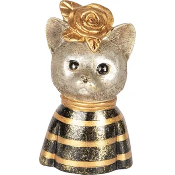 Dekorace malá kočička v proužkatém svetru se zlatou růží na hlavě – 11x9x18 cm