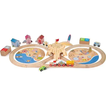Vláček a vláčkodráha Bigjigs Rail Dřevěná vláčkodráha Úklid pobřeží 70 dílů