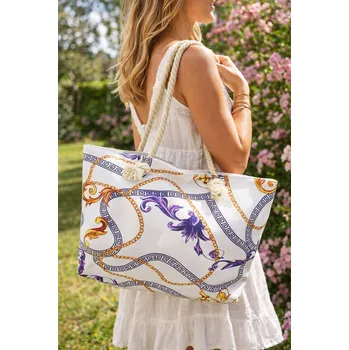 Plážová taška Accessories Italy Bílá velká plážová taška Fialové květy zlaté řetízky a řecký vzor Meandr