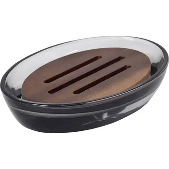 Dávkovač mýdla Sapho FIGO mýdlenka na postavení, kouřové sklo/dřevo