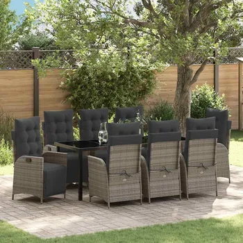 Zahradní sestava vidaXL Zahradní jídelní souprava s polštářem 9 pcs Šedá polyratan [3380553]