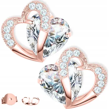Náušnice Pozlacené Náušnice s dvojitým srdíčkem z bílého krystalu s STŘÍBRO