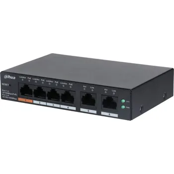 Switch DAHUA TECHNOLOGY Dahua PoE switch 4x 100Mb + 2x GbE, 4x PoE 802.3af/at/Hi-PoE, celkem PoE 60W, extend mód 10Mb/s do 250m, cloud správa