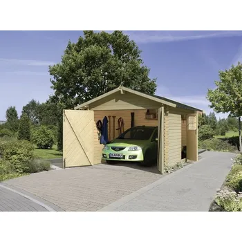 Přístřešek na auto GEOMAT Dřevěná garáž – Karibu natur (stěna 28 mm) 297x447 cm