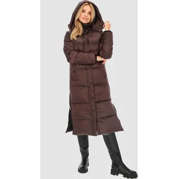 Hnědá dámská dlouhá péřová bunda s bočními rozparky BLH 230056 FX - brown Velikost: M