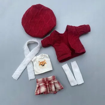 Doplněk pro panenku Sada oblečení pro BJD panenky 16-17 cm: Pletený kardigan + Kostkovaná sukně + Baret (BEZ panenky)