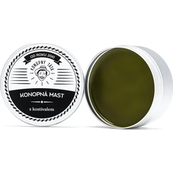 Masážní přípravek Přírodní konopná mast obohacená o kostivalový kořen. Pomáhá při bolestech kloubů, svalů, křečových žilách i popáleninách. Český ruční výrobek od Konopného Táty.