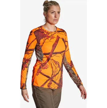 Dámská mikina SOLOGNAC Dámské lovecké tričko s dlouhým rukávem nešustivé 500 maskovací fluo 38 ORANŽOVÁ