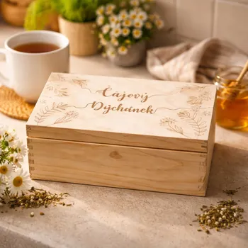 Dárková krabička Dřevěná krabička na čaje s gravírováním (22x16x8 cm)