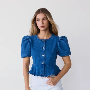 Dámská halenka Reserved - Džínová halenka s volánkem peplum - modrá - 874IU-55J - 874IU-55J-XXL