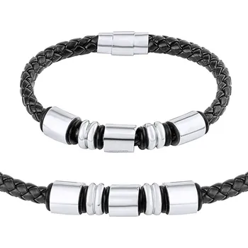 Souprava šperků Kožený set náramku a náhrdelníku Theseus s ozdobnými válečky z chirurgické oceli KMM19038S