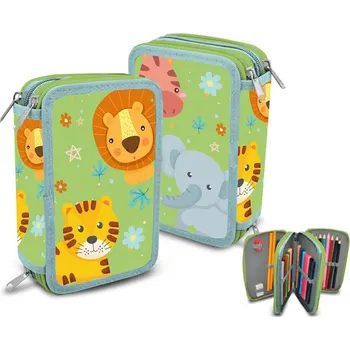 Euroswan Školní penál třípatrový ZVÍŘÁTKA v džungli zelený