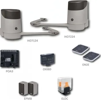 Pohon brány HOPPBDKCE sada pohonů Nice, křídlo do 2,4 m - HOPP - pákový pohon pro křídlovou bránu se širokými sloupky, šířka křídla do 2,4 m, sada s řídicí jednotkou, ovladači, fotobuňkami a majákem