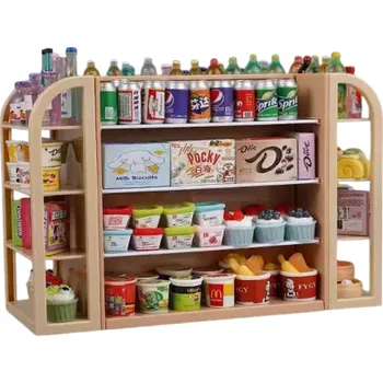 Dětská kuchyňka Hnědý regál 4 police Mini supermarket s 30 ks potravin a pití Simulační dětská hračka Obchodní stojan pro hraní na prodavače