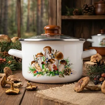 Hrnec Smaltovaný hrnec s poklicí ODELO GRZYBY 2 l bílý