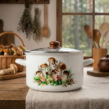 Hrnec Smaltovaný hrnec s poklicí ODELO GRZYBY 6 l 24 cm bílý