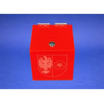 Příruční pokladna Kasička, pokladnička 150x150x150mm + gravír, plexi čevené, zámek