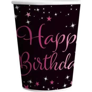 Jednorázové nádobí Riethmuller Kelímky papírové Happy Birthday černé s růžovou 8ks 250ml