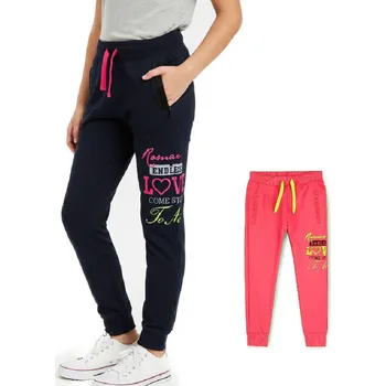 CENA/ 2 KUSY DÍVČÍ TEPLÁKY DO GUMY S NÁPISEM NOVINKA Barva: Tmavě modré/ růžové, Velikost: 146