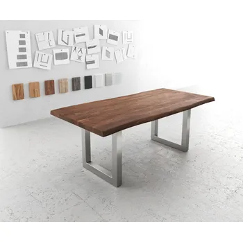 Jídelní stůl DELIFE Jídelní stůl Edge 200x100 XL akácie hnědá nerezová ocel široký Live-Edge