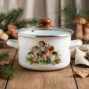 Hrnec Smaltovaný hrnec s poklicí ODELO GRZYBY 3,7 l 20 cm bílý
