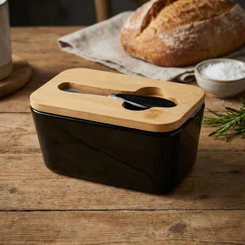 Máslenka Porcelánová máslenka s bambusovým víkem a nožem ODELO ALANI černá