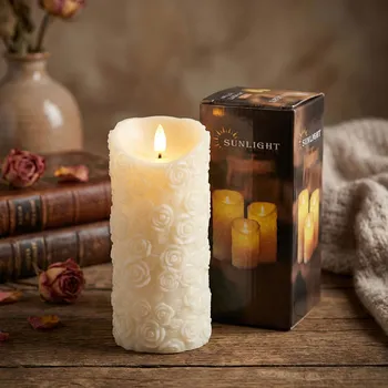 Lampička LED svíčka s pohyblivým knotem v růžích SUNLIGHT 7,5 × 17,5 cm bílá