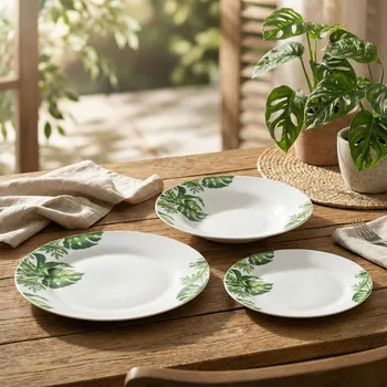 Talíř Jídelní souprava kulatá ODELO MADENA bílá se zelenými listy 18 ks