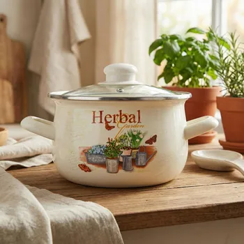 Hrnec Smaltovaný hrnec s poklicí ODELO ZIOŁA 3,8 l 20 cm krémový