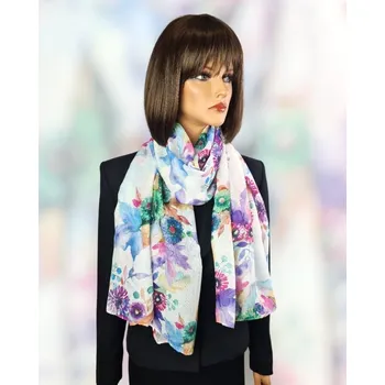 Šála Classic Scarf Bavlněná dámská šála fialová s květy aster a chryzantém