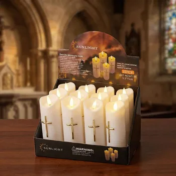 Lampička LED svíčka se zlatým křížem a pohyblivým knotem SUNLIGHT MAT 5,3 × 15 cm bílá 12 ks