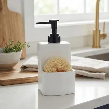 Dávkovač mýdla Dávkovač na tekutinu s nádobkou na houbičku ODELO MANOLO 9,6 × 8,6 × 18,8 cm bílý