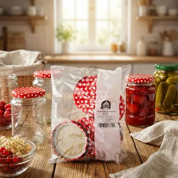 Víčko na zavařovací sklenici Víčka na zavařovací sklenice SMAKI BABUNI 82/6z červená s bílými puntíky 10 ks