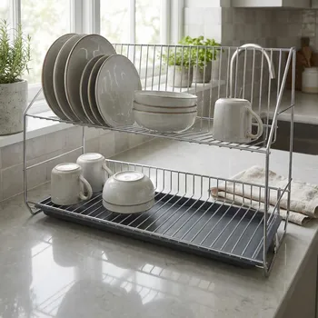 Organizace kuchyně Dvoupodlažní odkapávač na nádobí DAILY INTERNATIONAL HOME 50 × 21 × 37 cm stříbrný