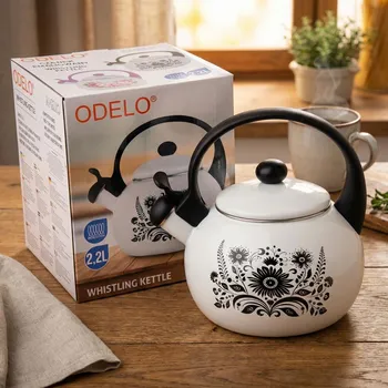 Konvice na čaj Smaltovaná konvice s píšťalkou ODELO AMELIO 2,2 l bílá s květy