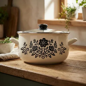 Hrnec Smaltovaný hrnec s poklicí ODELO KWIATY 4,8 l 22 cm krémový