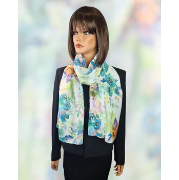 Šála Classic Scarf Bavlněná dámská šála zelená a modrá s květy aster a chryzantém