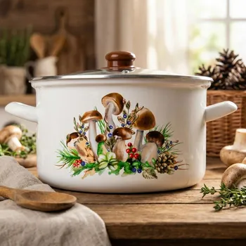 Hrnec Smaltovaný hrnec s poklicí ODELO GRZYBY 22 cm 4,7 l bílý