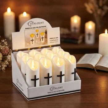 Lampička LED svíčky na baterie s křížkem SUNLIGHT 5,2 × 15 cm bílé 12 ks