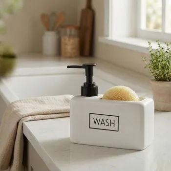 Dávkovač mýdla Dávkovač na tekutinu s nádobkou na houbičku ODELO SERGIO 18,5 × 7,6 × 17 cm bílý